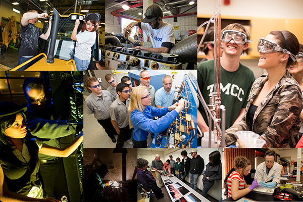 A collage of images showcasing students at CSN, GBC, TMCC, and WNC. Students are seen working with industrial machines, in lab settings, at networking racks, and working with HVAC technology. 